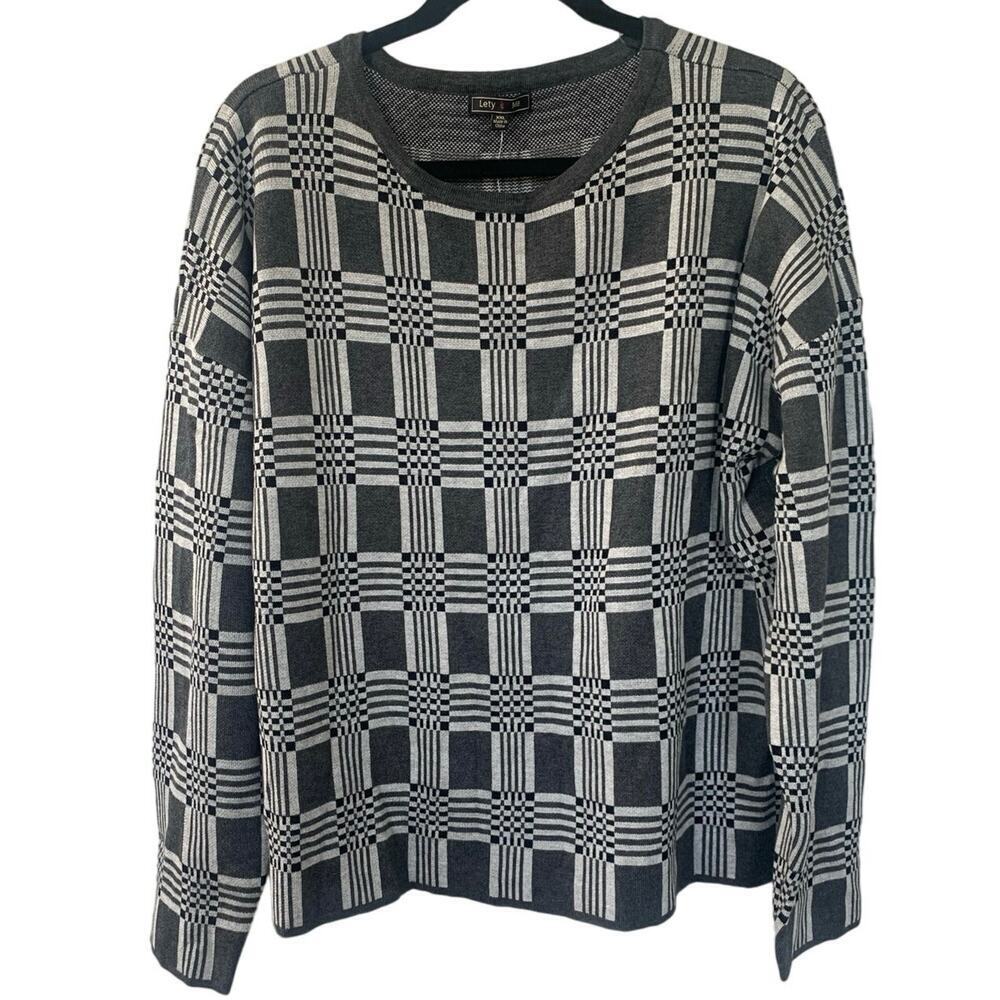 Lety & Me Geometric Checkered Sweater Gray/Black Scoop Neck Long Sleeve, Plus Sz